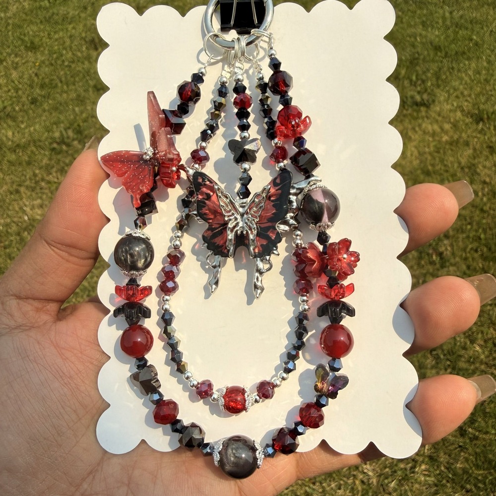 Gothic Butterfly Red Black Beaded Phone Wristlet Charm Keychain Bag Handmade